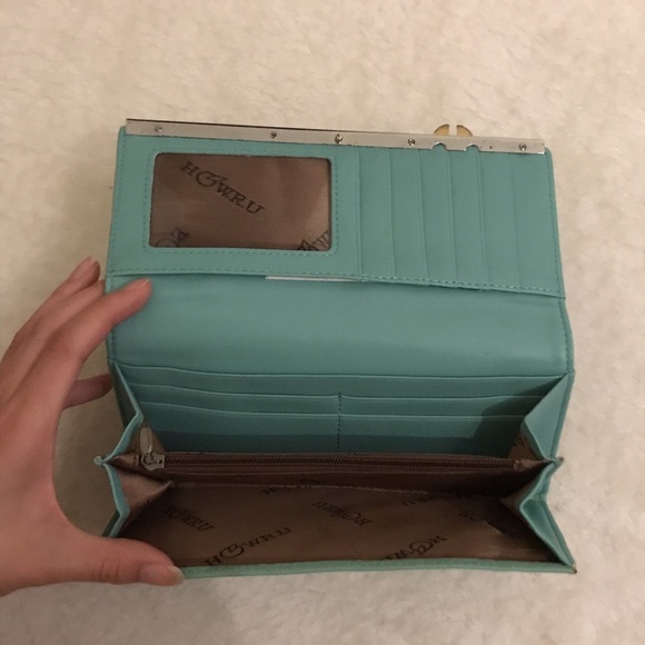 Leather Mint Golden Bow Wallet with Button Clasp - Picture 3 of 4